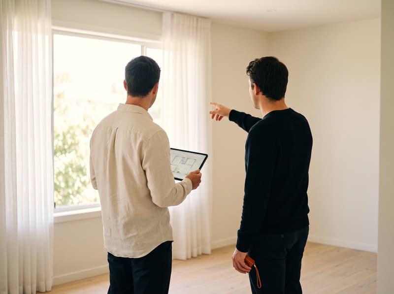 A Keystone designer walks an empty room with the owner, pointing out the window.