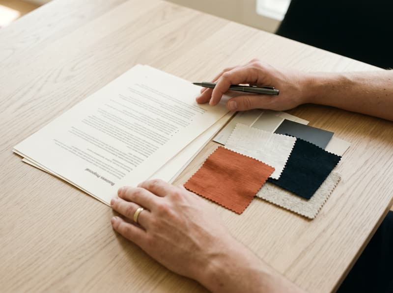 A written staging proposal on a desk beside fabric swatches in rust, black and linen.