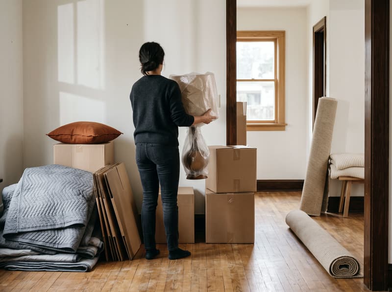 A crew member packs décor into boxes during de-staging.