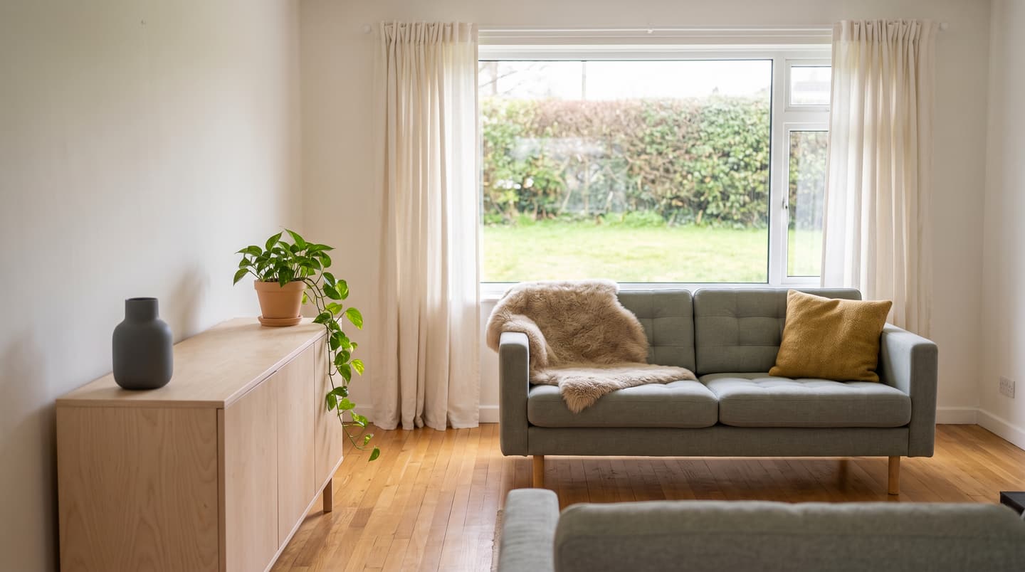 Cedar Lane Bungalow: a grey sofa with a mustard cushion under a picture window.
