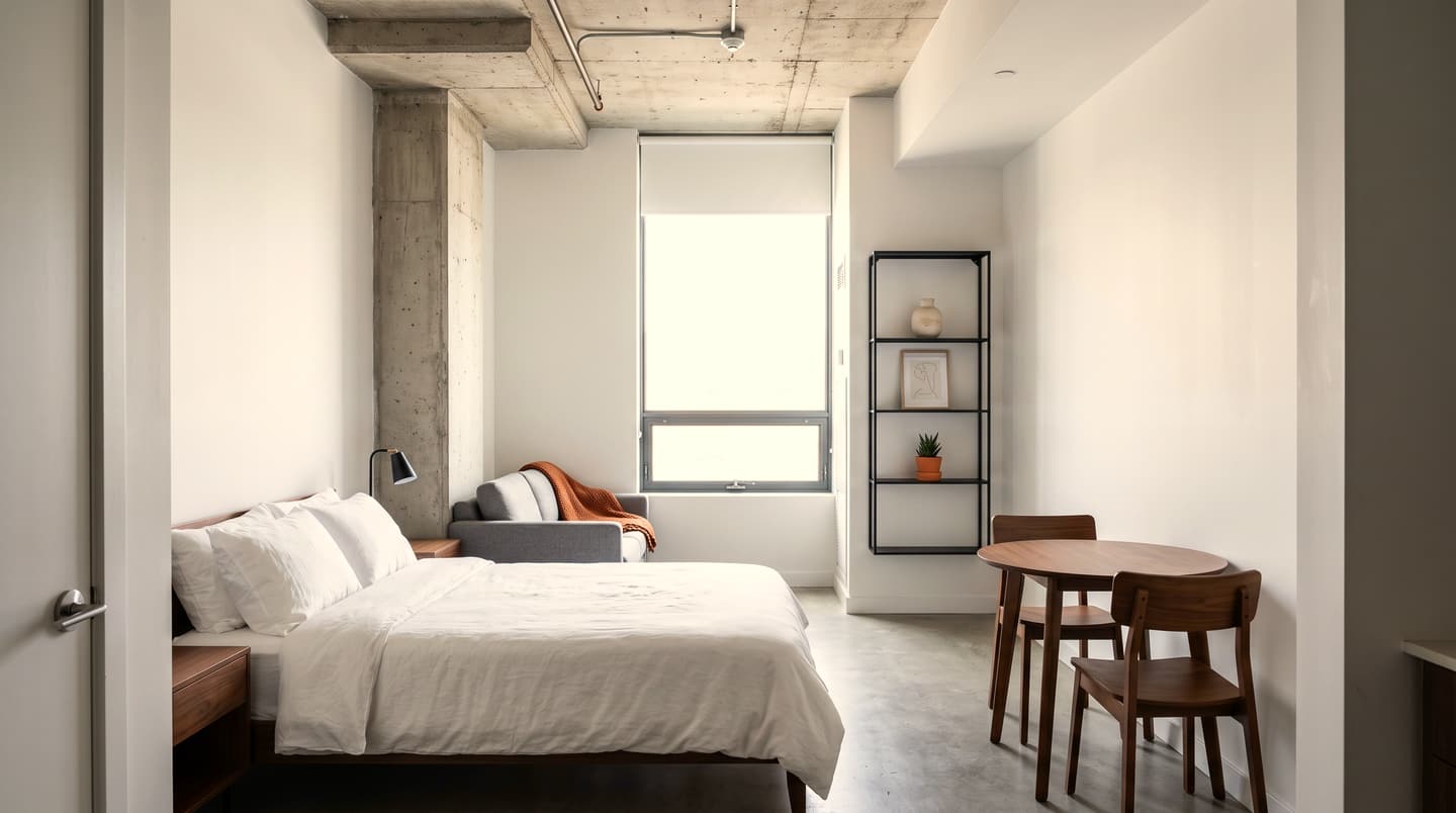 King West Studio: a compact condo with a made bed, café table and concrete ceiling.