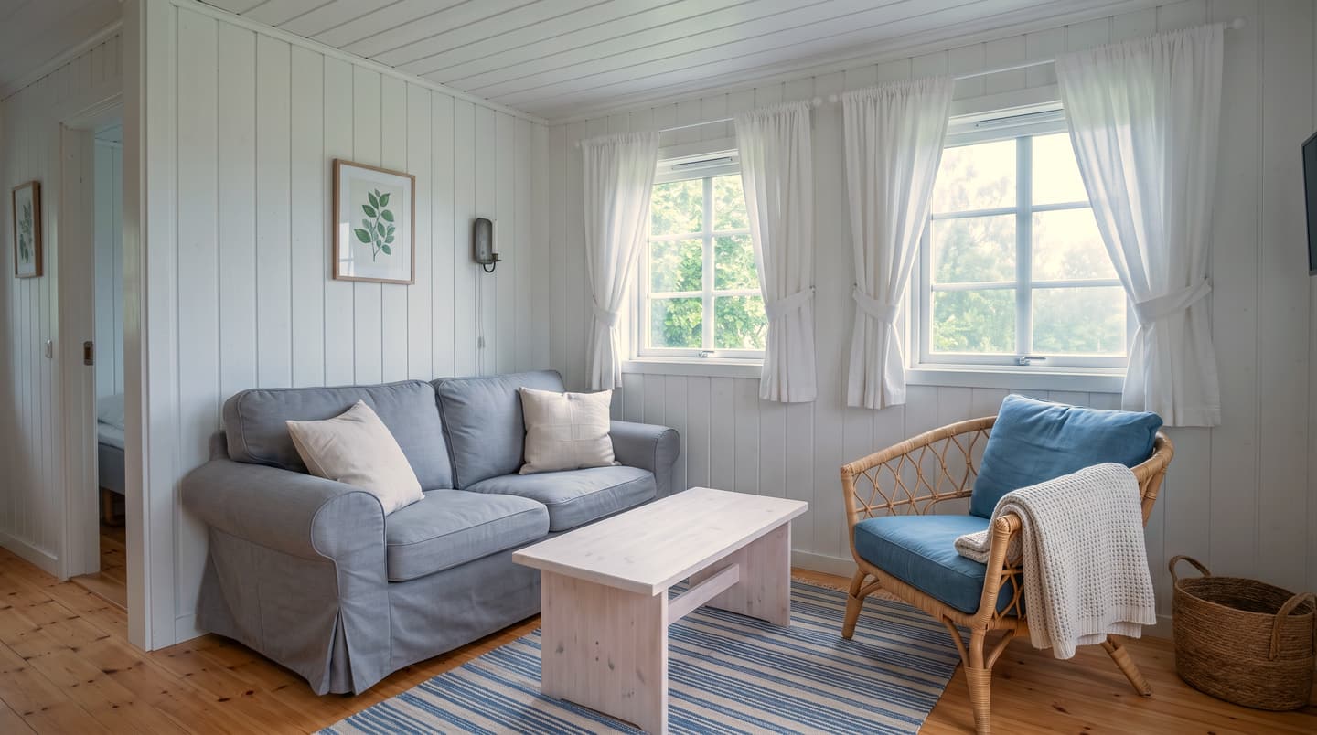 Lakeview Cottage Rental: a blue slipcovered sofa and wicker chair in a white panelled room.