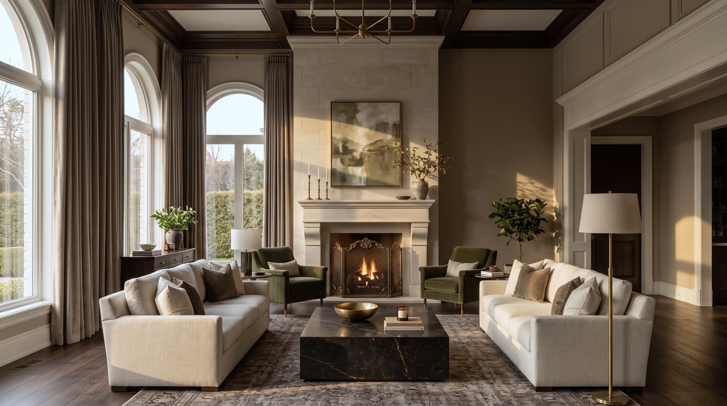 Maple Ridge Estate: a formal living room with twin sofas facing a lit fireplace.