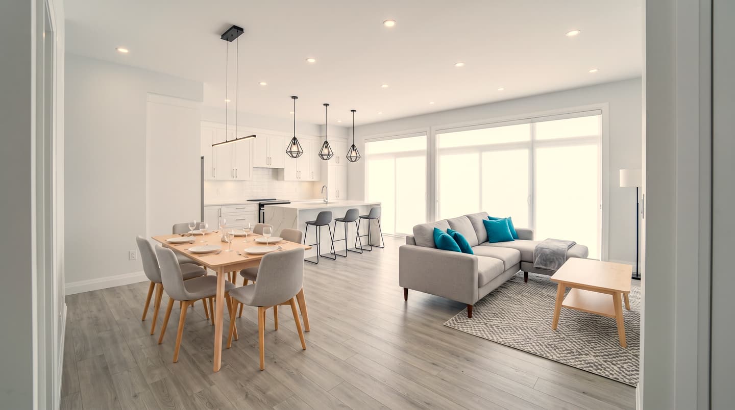 Whitby New-Build Model: an open dining and living area with pendant lights.